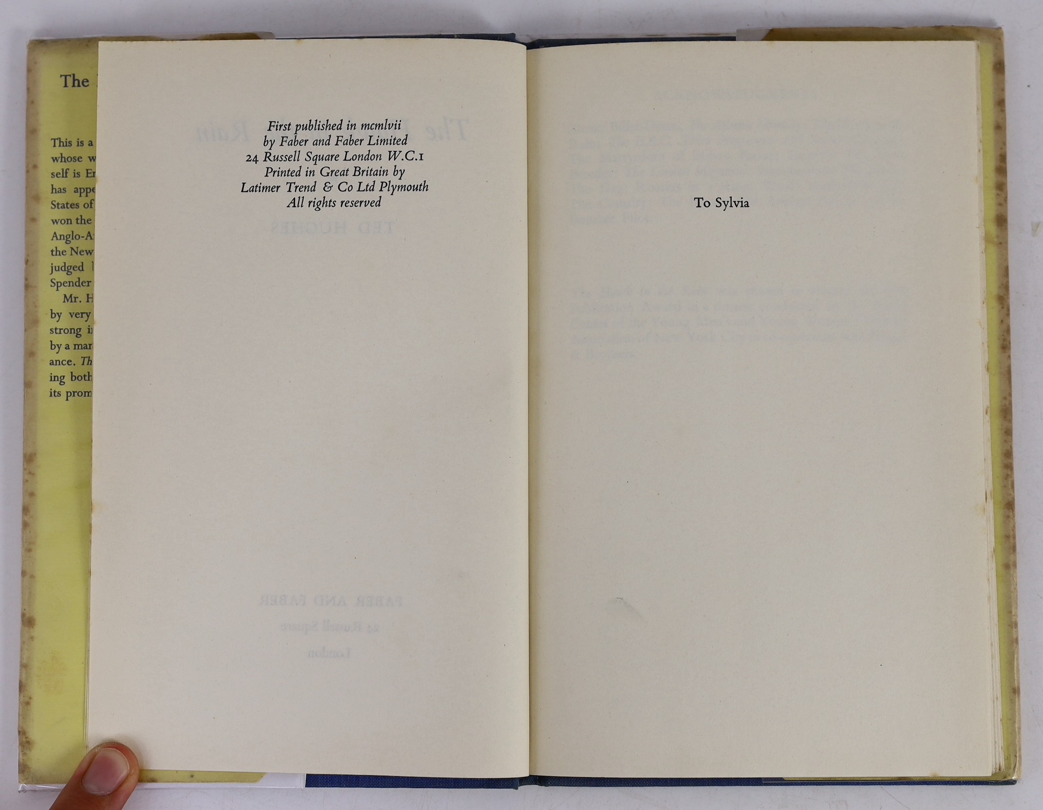 Hughes, Ted - The Hawk in the Rain. first edition. half title; blue cloth and d/wrapper. 1957